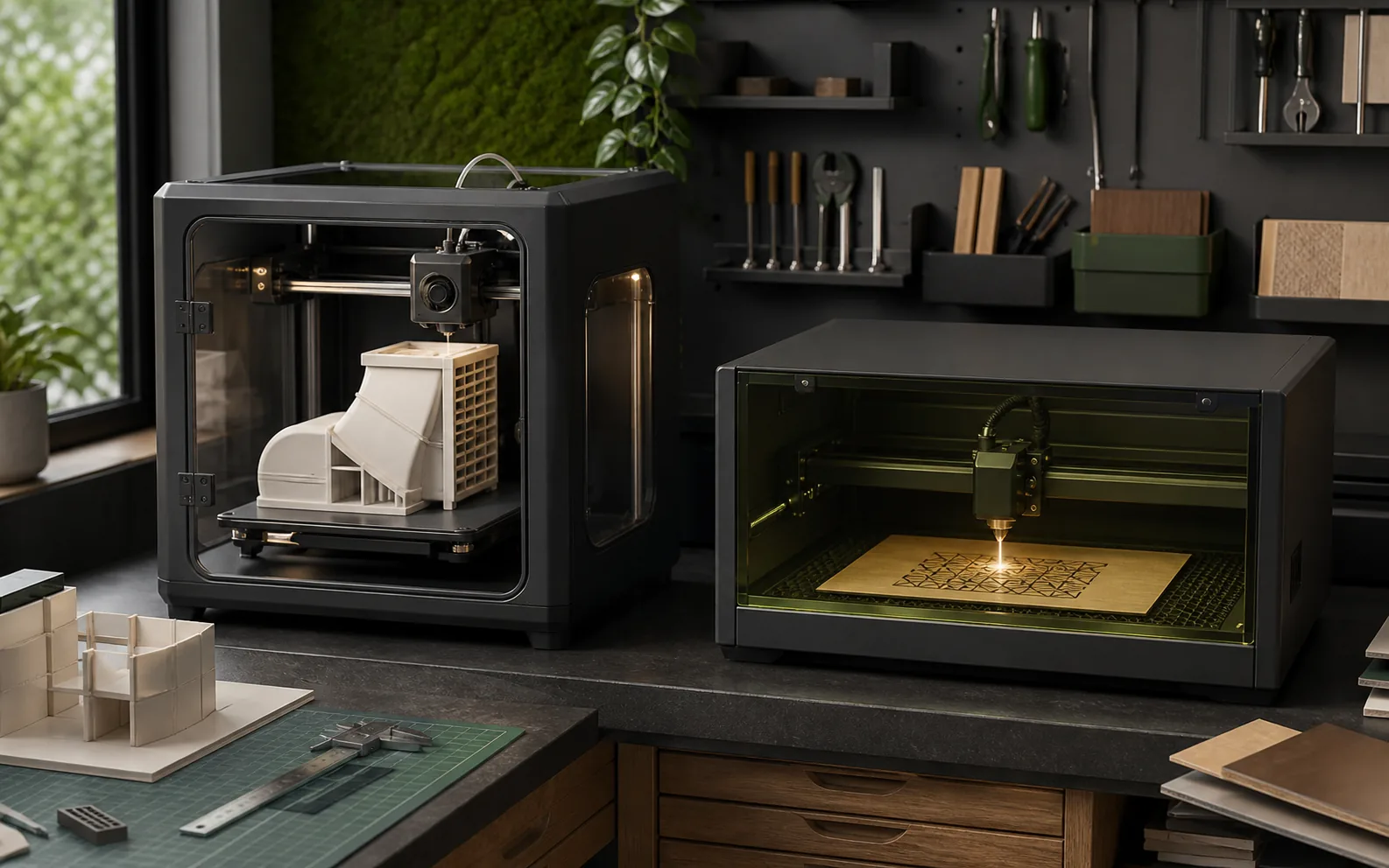 Konzeptvisualisierung mit FDM-3D-Drucker und separatem gekapseltem Lasergravierer.